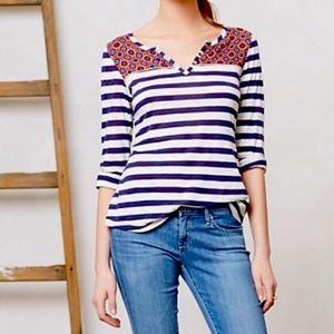 Anthropologie Navy and White Striped Top with Orange Accents